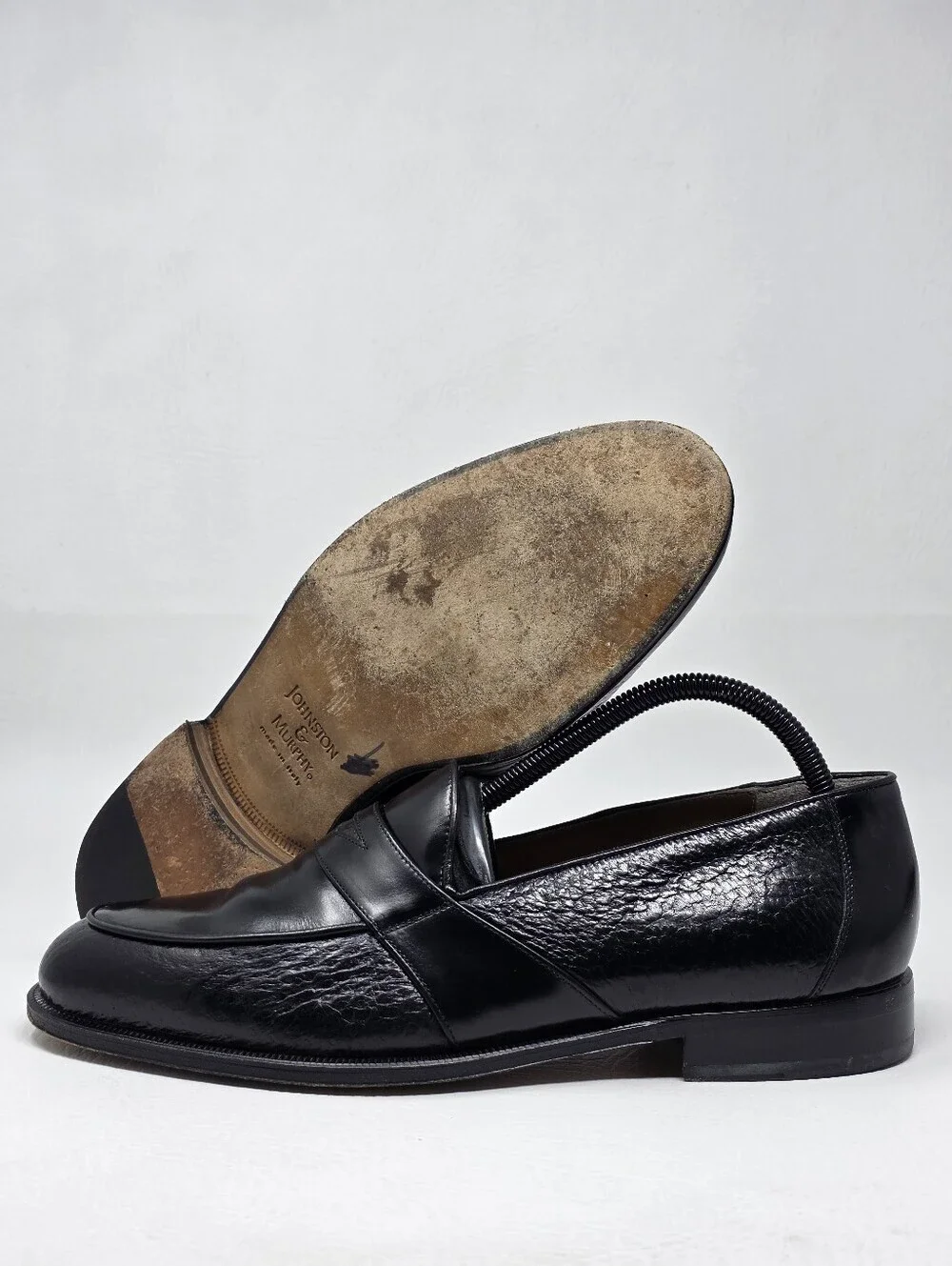 Johnston Murphy Men Italian Black Leather Penny Loafers Slip-on Size 9 Pre-owned